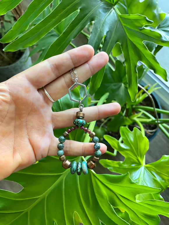 Turquoise - Hematite - Moss Agate - Garnet Necklace